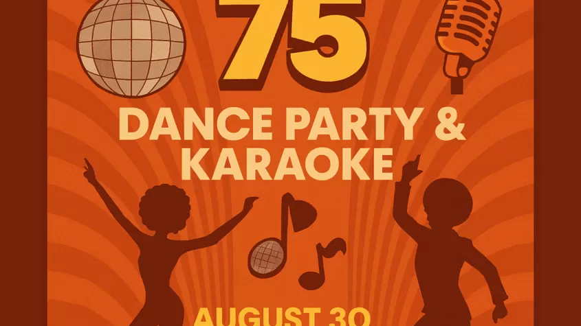 orange striped background with records at the bottom and shadow figures doing the disco