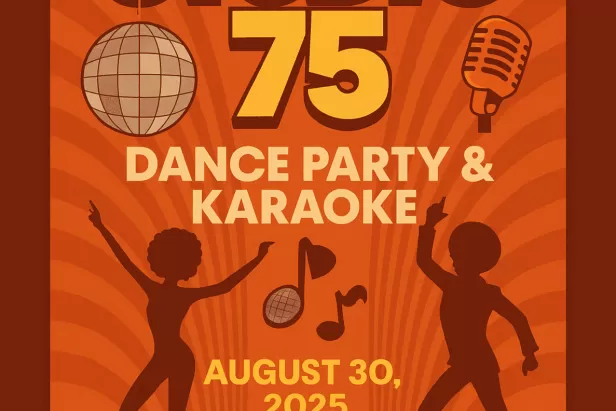 orange striped background with records at the bottom and shadow figures doing the disco
