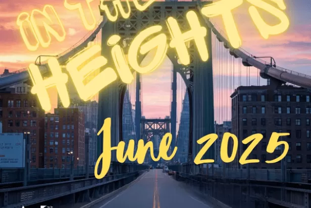 Image of George Washington Bridge at sunset with graffiti font depicting in the heights and june 2025
