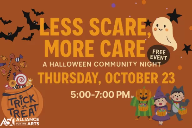 Orange background with cute ghosts and bats, kids in costume and a trick or treat pumpkin with Less Scare more Care in orange font
