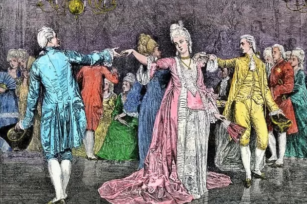 sketched and colored image of a vintage dance scene with large dresses and white wigs
