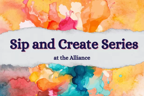 splotchy tie dye colors around a white middle saying sip and create series
